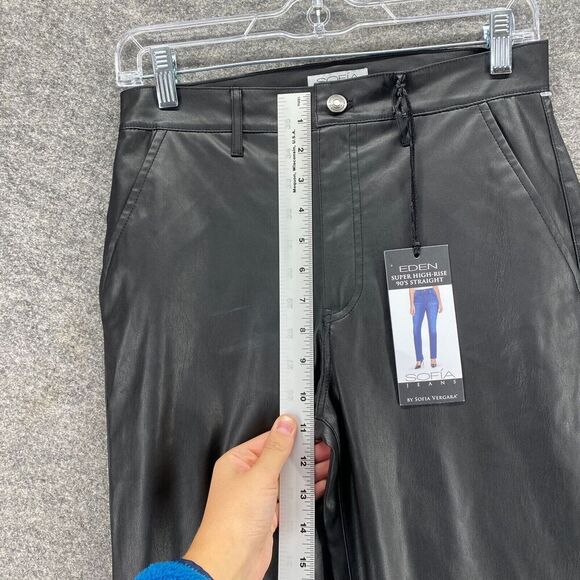 New Eden Pants Women 2 Black Super High Rise 90's Straight Sofia Faux Leather - Picture 7 of 13